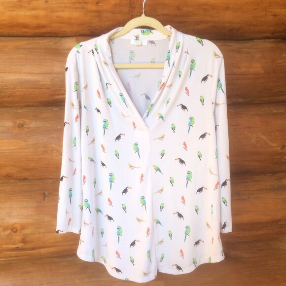 Charter Club White w/ Colorful Tropical Bird V-neck Pullover Blouse Size Large - Picture 1 of 7
